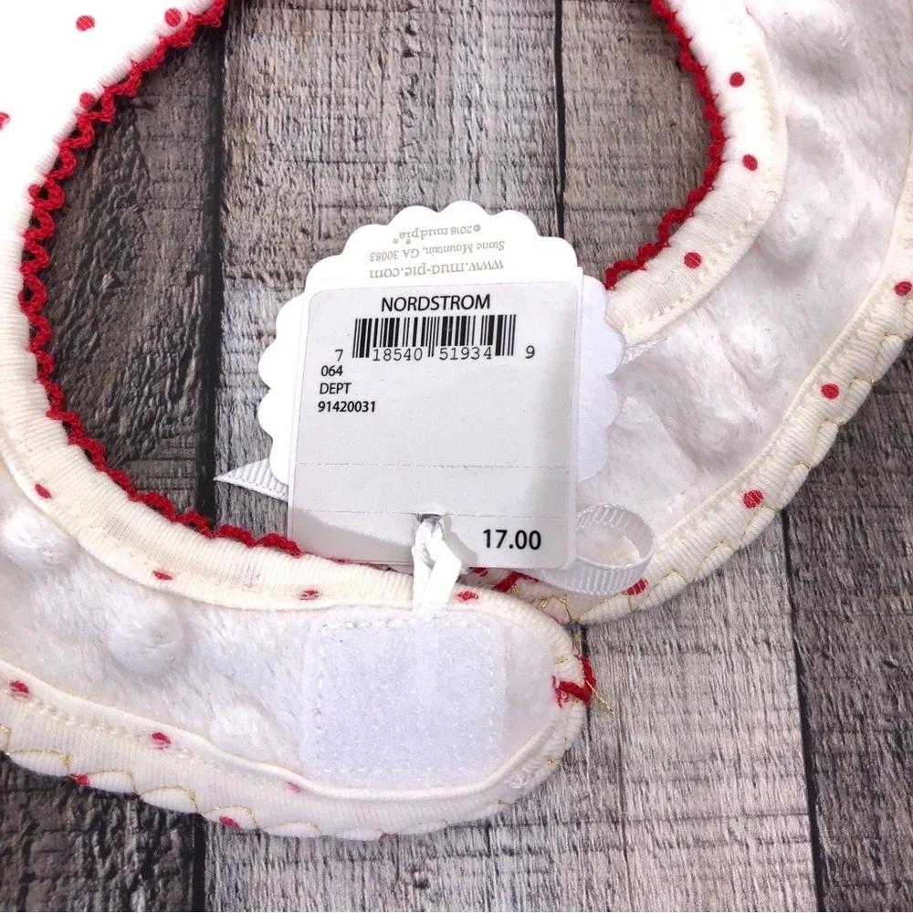 MUD PIE Cream Red Polka Dot Santa Claus Christmas Baby Bib NWT + Hair Tie Lot